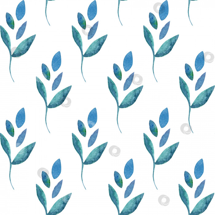 Скачать Акварельный бесшовный нарисованный вручную цветочный узор с зелеными и синими листьями фотосток Ozero