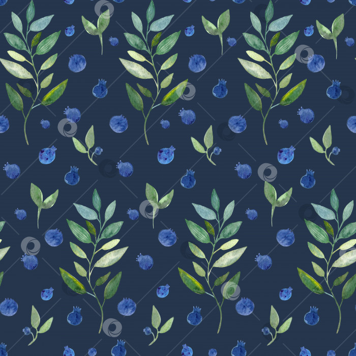 Скачать Акварельный бесшовный ботанический узор, нарисованный вручную, с абстрактными синими ягодами и зелеными листьями фотосток Ozero