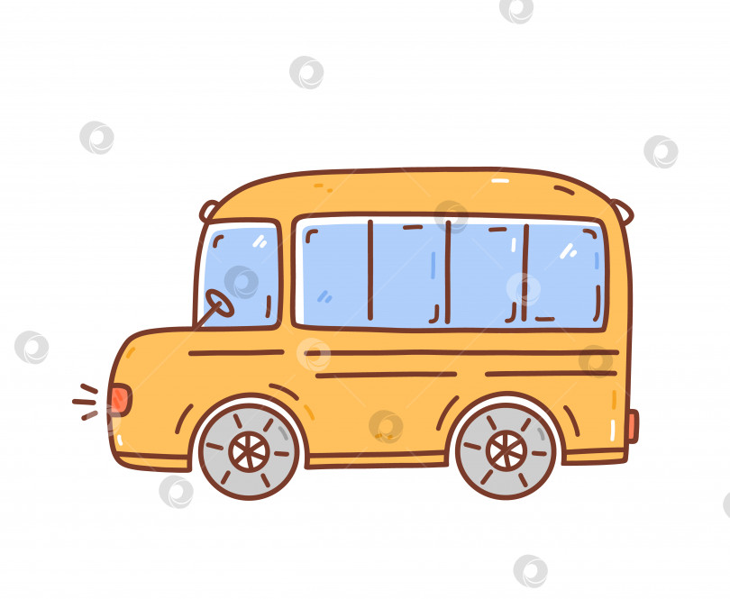 Скачать Желтый мультяшный школьный автобус, изолированный на белом фоне. Векторная рисованная иллюстрация в стиле каракули. Идеально подходит для открыток, украшений, логотипов, различных дизайнов. фотосток Ozero