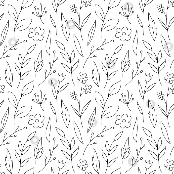 Скачать Ботанический бесшовный узор с цветами, листьями и ветвями. Векторная рисованная иллюстрация в стиле каракули. Идеально подходит для декораций, обоев, оберточной бумаги, ткани. Цветочный фон. фотосток Ozero