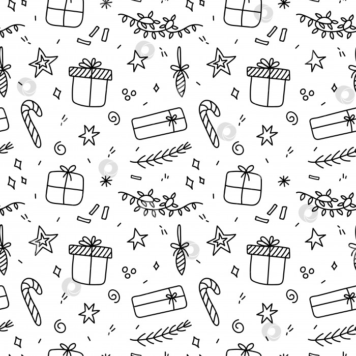 Скачать Симпатичный рождественский бесшовный узор с новогодними подарками, рождественскими шарами, веточками, гирляндами, звездами и праздничным конфетти фотосток Ozero