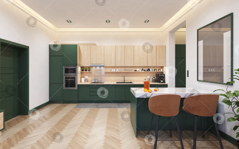 Скачать Современная кухня открытой планировки и гостиная фотосток Ozero