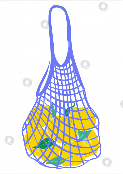 Скачать Эко-сумка сетчатая авоська с лимонами и листьями. Многоразовая хозяйственная сумка. Ноль отходов, никакой концепции пластика. Фрукты с местного рынка. Модная цветная векторная иллюстрация. Мультяшный стиль.    Вектор плоский. фотосток Ozero