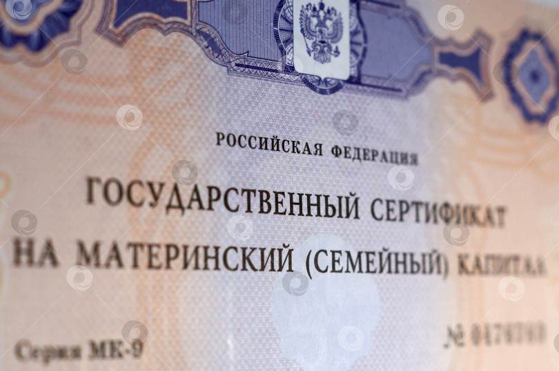 Скачать Саратов, Россия - 07 ноября 2024 года. Государственный сертификат на материнский семейный капитал крупным планом фотосток Ozero