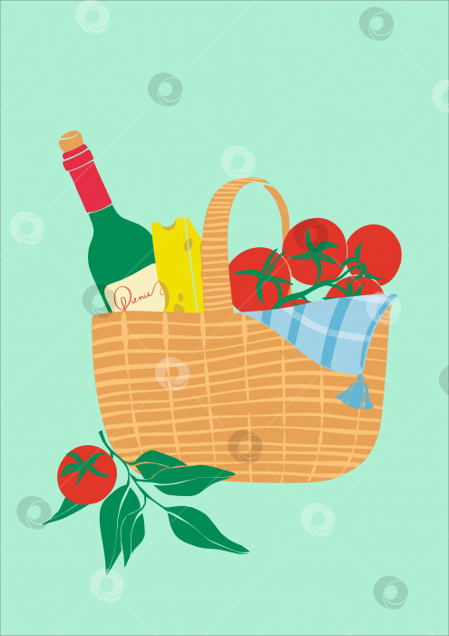 Скачать Пикник на природе. Векторная иллюстрация с бутылкой вина, сыром и помидорами в корзинке для пикника. Современный плакат с органическими продуктами. Приглашение на летнее мероприятие. Плоский дизайн. фотосток Ozero