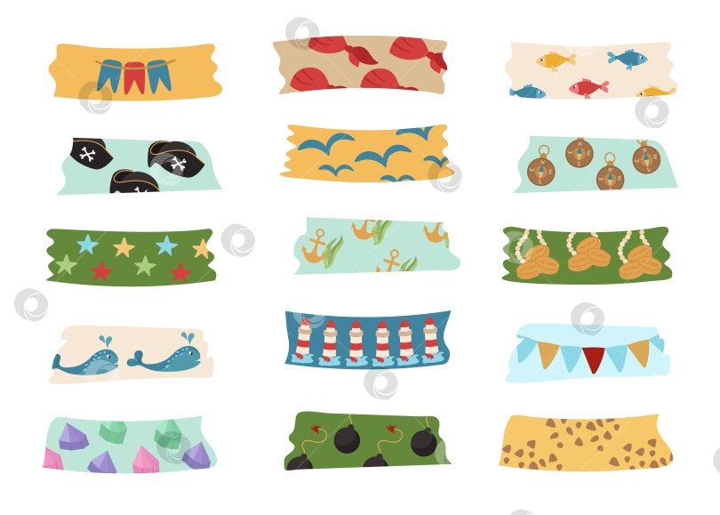 Скачать Washi tapes - это пиратская коллекция с треугольными сокровищами, рыбками, бомбами, маяками. Для заметок, органайзера, планировщика, скрапбукинга. Векторная иллюстрация приключений в мультяшном стиле для украшения и дизайна фотосток Ozero
