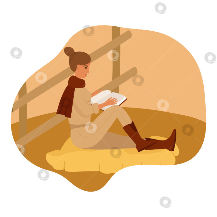 Скачать Осенью девушка сидит в парке на одеяле и читает книгу. В шарфе и сапогах. Векторная иллюстрация в плоском стиле. Уютный пейзаж. фотосток Ozero
