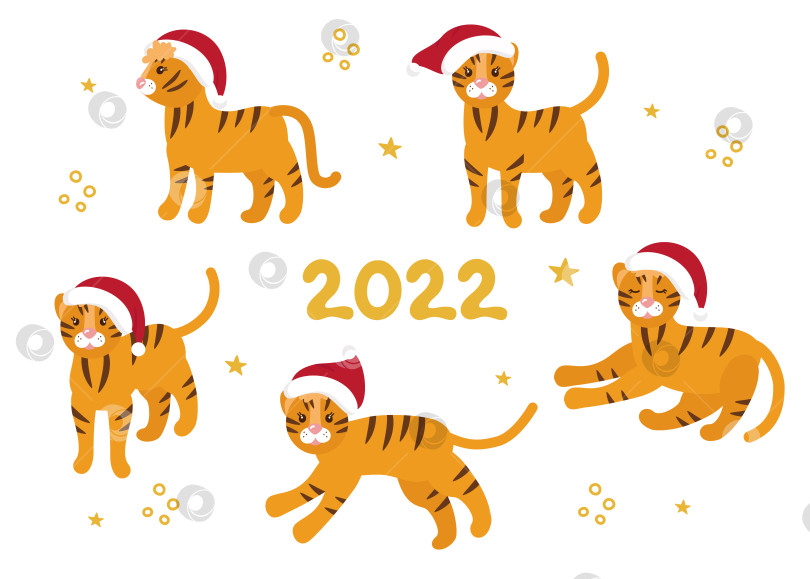 Скачать Новогодний набор с тиграми в красных шапочках, символом 2022 года. Векторный клипарт, изолированная иллюстрация. фотосток Ozero