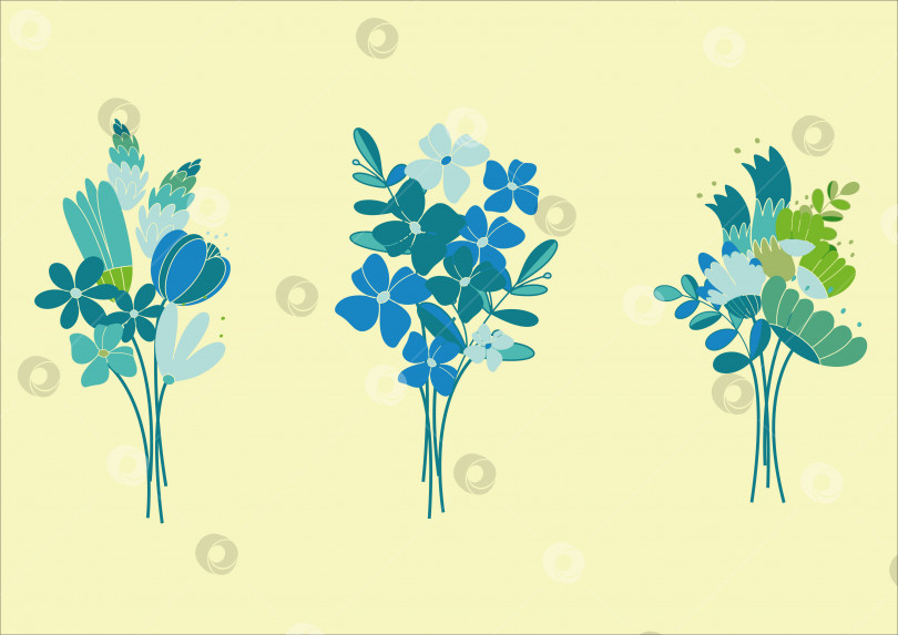 Скачать Набор симпатичных букетов цветов в голубых и зеленых тонах. Цветы для концептуального дизайна. Приглашение на летние каникулы. Элементы векторной иллюстрации. фотосток Ozero