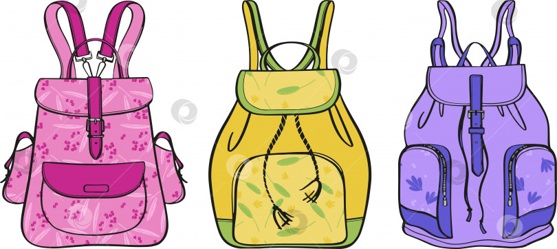 Скачать Набор из трех женских рюкзаков с цветочными узорами. Рюкзак в плоском стиле. Школьный портфель. Современная векторная иллюстрация. Векторный изолированный элемент дизайна. фотосток Ozero