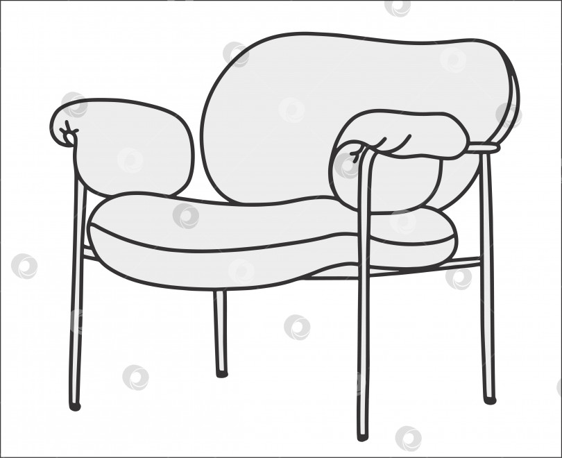 Скачать Современное кресло с мягкими подлокотниками в модном скандинавском стиле или стиле хюгге. Нарисован от руки в линейном стиле. Монохромная векторная иллюстрация фотосток Ozero