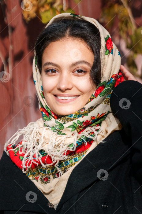 Скачать Портрет улыбающейся девушки в платке с красивым русским народным узором фотосток Ozero