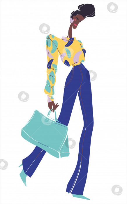 Скачать Модная иллюстрация красивой афроамериканской девушки. Красочная иллюстрация уличной моды. Ретро-стиль. Векторная иллюстрация из журнала. Дизайн печати. фотосток Ozero