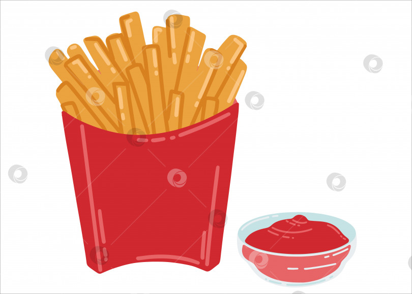 Скачать Картофель фри и кетчуп. Иллюстрация с фастфудом. Американская уличная еда в плоском стиле. Векторная иллюстрация кафе быстрого питания фотосток Ozero