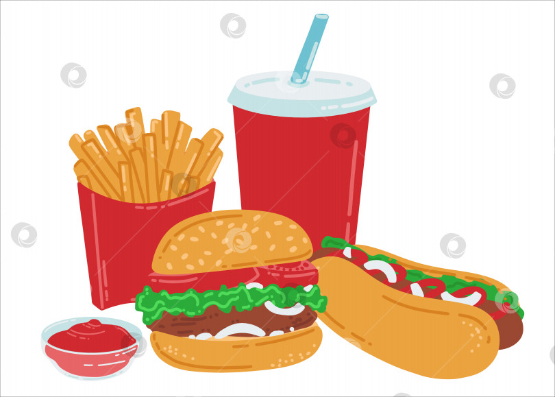 Скачать Набор для быстрого питания. Гамбургер, хот-дог, картофель фри и напиток в бумажном стаканчике. Американская уличная еда в плоском стиле. Векторная иллюстрация кафе быстрого питания. фотосток Ozero