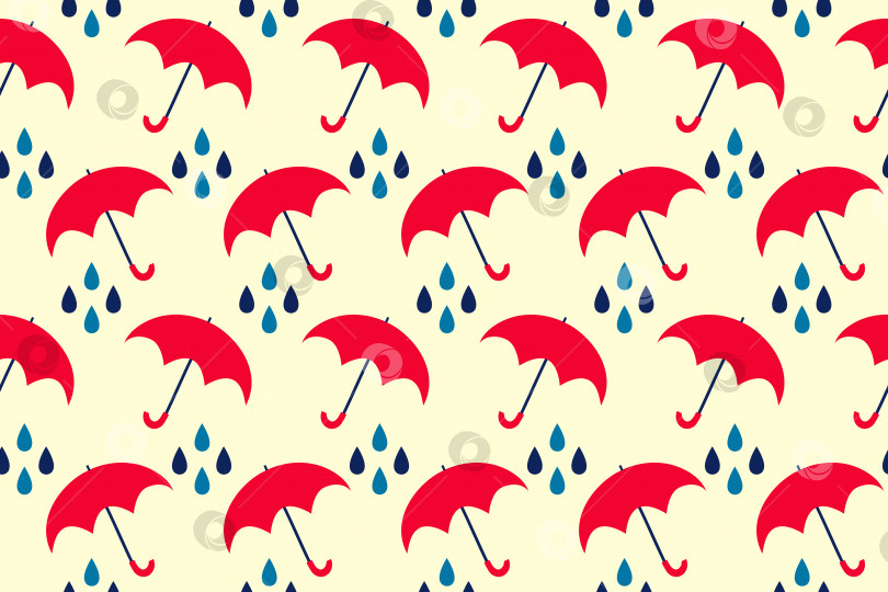 Скачать Бесшовный узор из раскрытого красного зонта и капель дождя на бежевом фоне. Веселый узор фотосток Ozero