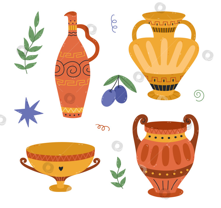 Скачать Очаровательный мультяшный набор с античной греческой амфорой, кувшином для вина, масла, глубокой чашей, кувшином-кувшинчиком, старинной вазой. Симпатичный классический сосуд с ручной росписью, керамический горшок с эллинским орнаментом. Коллекция керамики Greece фотосток Ozero