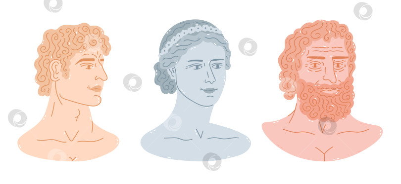 Скачать Очаровательный мультяшный набор скульптур греческой женщины и мужчины. Нарисованный от руки античный бюст Давида, молодой богини и старого бога Юпитера. Модная коллекция клипартов с изображениями древних мраморных голов, выделенных на белом фоне. фотосток Ozero