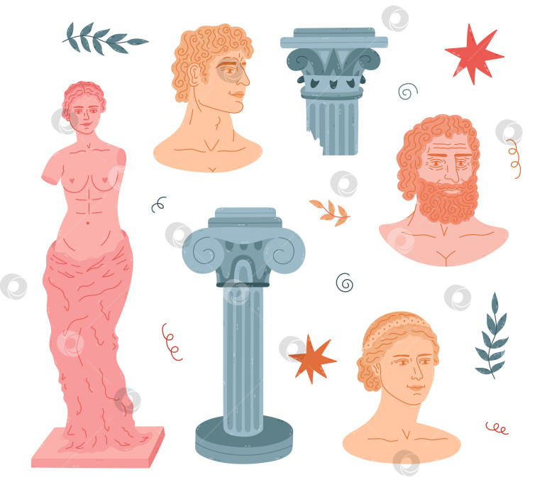 Скачать Прекрасный мультяшный набор различных греческих мужских и женских скульптур, монументов, древних колонн. Античные статуи богов и богинь, архитектурные колонны, нарисованные вручную. Модный клипарт с изображением мраморных статуй фотосток Ozero