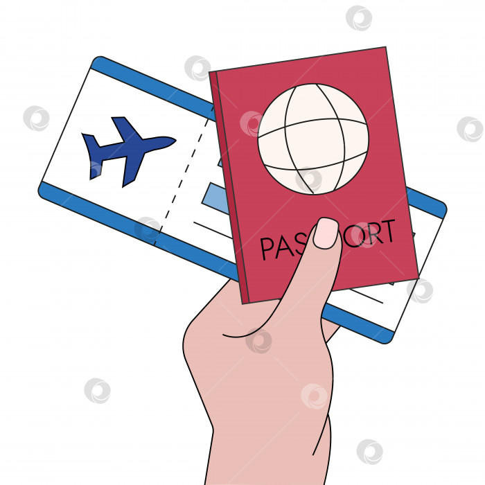 Скачать В руке турист держит паспорт и билет на самолет. Путешествуя в отпуск фотосток Ozero