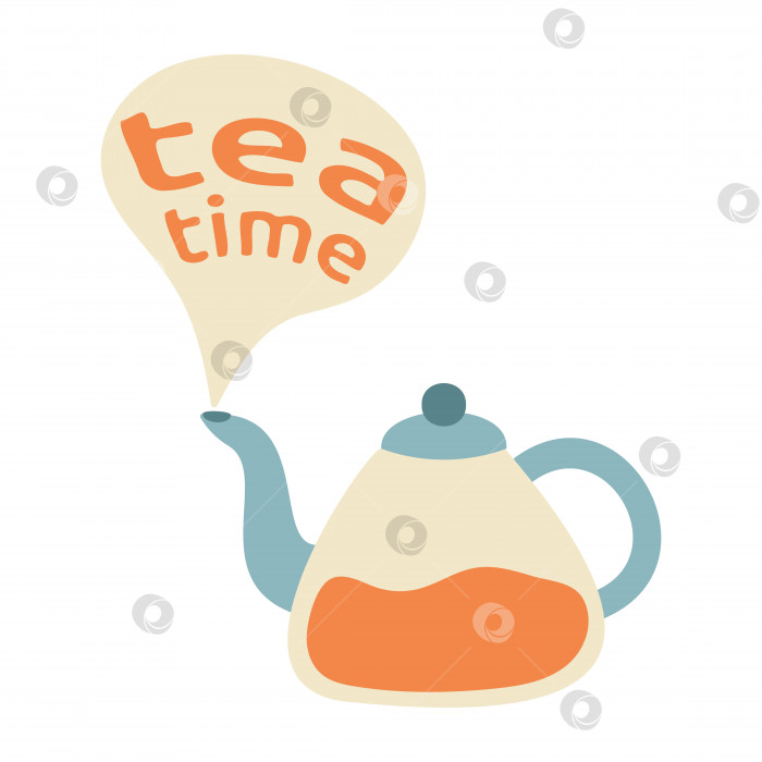 Скачать Чайник с чаем выпускает дым с надписью "Время чаепития". Перерыв на чай. Иллюстрация чайника для открытки. фотосток Ozero
