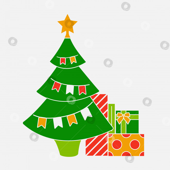 Скачать Иллюстрация рождественской елки, украшенной флагами и звездой. Подарки, спрятанные под елкой. фотосток Ozero