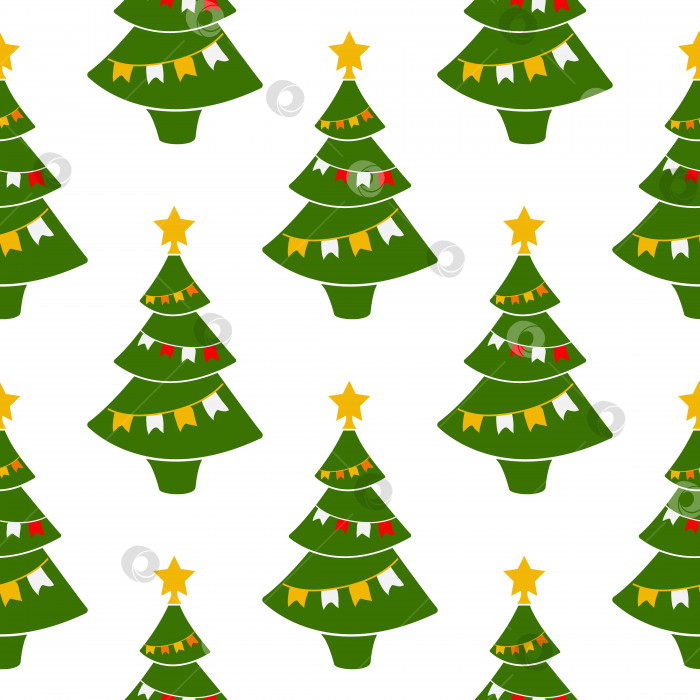 Скачать Бесшовный узор рождественской елки с флагами и звездой. Украшенное хвойное дерево. Рождественский узор. фотосток Ozero