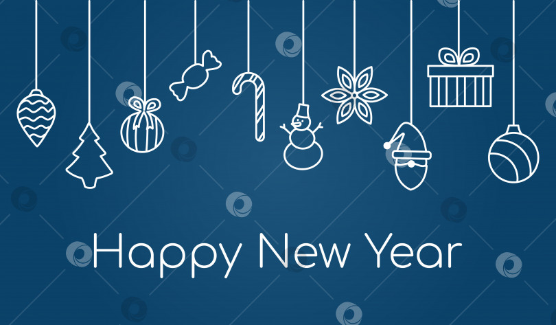 Скачать Новогодние иконки висят на веревке. Текст "Новый год" на синем фоне. Рождественская елка и украшения, подарки, Санта-Клаус и снеговик. фотосток Ozero