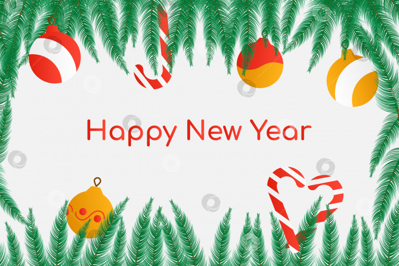 Скачать Поздравительная открытка с Новым годом в рамке из елочных веток, рождественских игрушек и леденцовых палочек фотосток Ozero