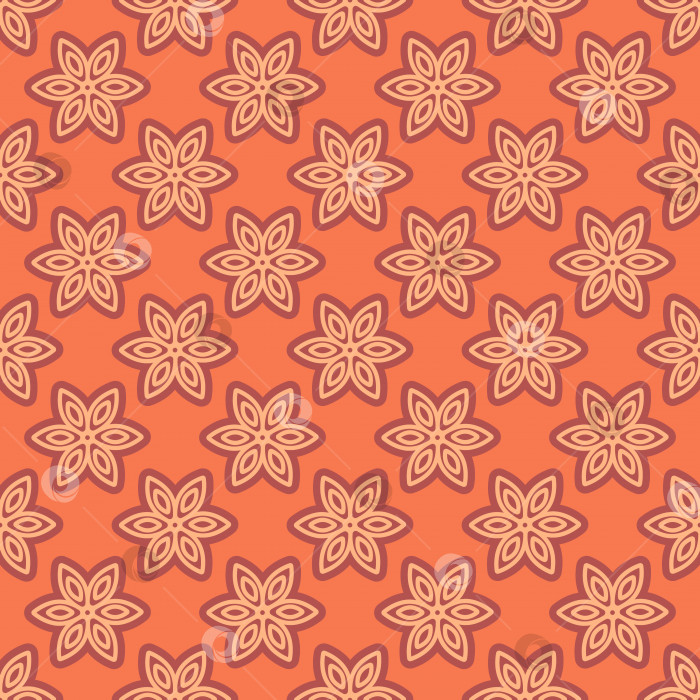 Скачать Бесшовный узор в виде геометрического цветка с обводкой на оранжевом фоне. Контурный цветок с шестью листьями. Симметричный узор. фотосток Ozero