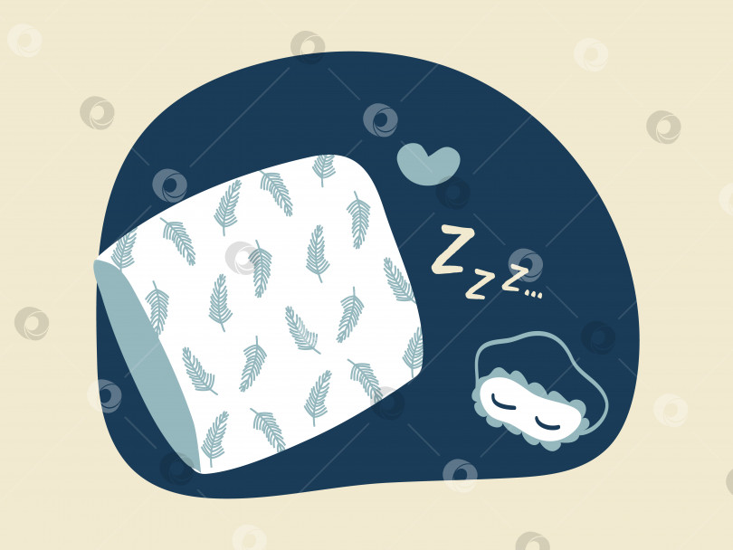 Скачать Иллюстрация сна и отдыха. Белая подушка с рисунком из перьев, маска для сна на синем фоне. Спи крепко и с сердцем. фотосток Ozero