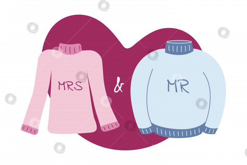 Скачать Иллюстрация парных свитеров мистера и миссис Гендер ко Дню святого Валентина, 14 февраля. Любовь, форма сердца. Розовый и голубой фотосток Ozero
