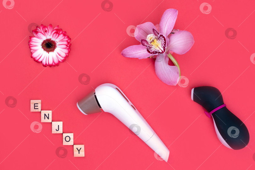 Скачать Секс-игрушки. Пингвин и бесконтактный стимулятор клитора Satisfyer для взрослых выделены на красном фоне. Наслаждайтесь надписью. Россия, Татарстан, 28 ноября 2021 г. фотосток Ozero