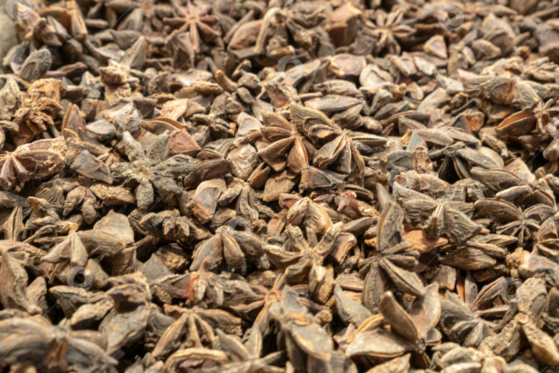Скачать Illicium verum - пряность, обычно называемая звездчатым анисом, бадьяном, семенами звездчатого аниса, китайским звездчатым анисом или бадьян. Вид сверху, размытые текстуры, мягкий фокус. фотосток Ozero
