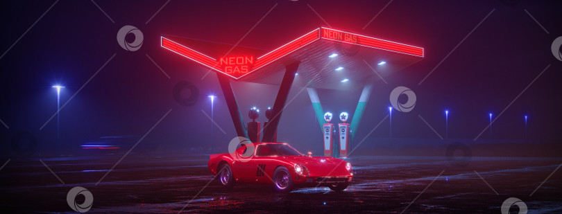Скачать Неоновая заправка и ретро-автомобиль. Винтажное киберпанковское авто. Туман, дождь и ночь. Яркие цветные блики на асфальте. 3D-иллюстрация. фотосток Ozero