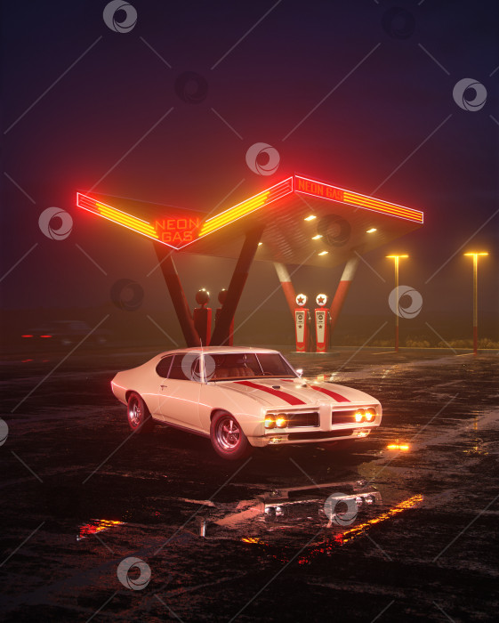 Скачать Неоновая заправка и ретро-автомобиль. Винтажное киберпанковское авто. Туман, дождь и ночь. Яркие цветные блики на асфальте. 3D-иллюстрация. фотосток Ozero