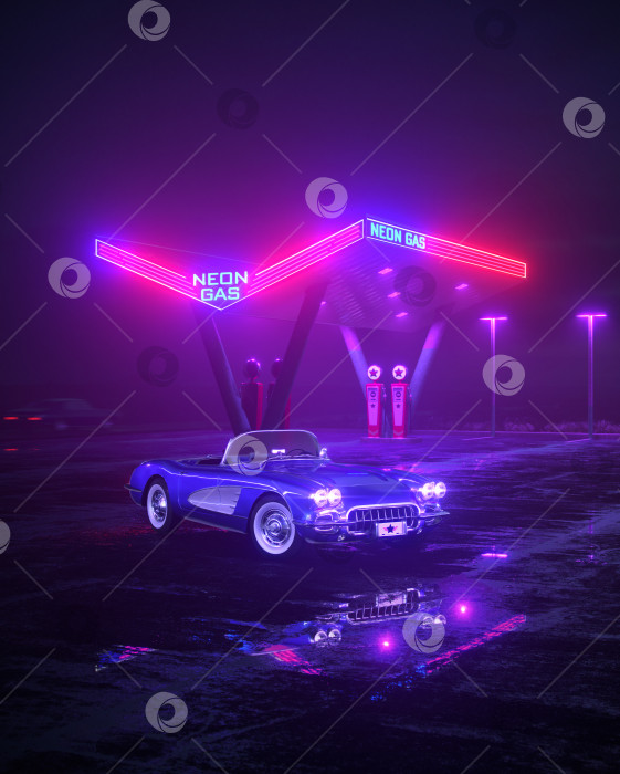 Скачать Неоновая заправка и ретро-автомобиль. Винтажное киберпанковское авто. Туман, дождь и ночь. Яркие цветные блики на асфальте. 3D-иллюстрация. фотосток Ozero
