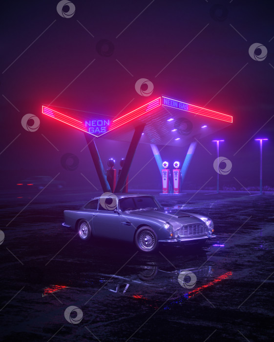 Скачать Неоновая заправка и ретро-автомобиль. Винтажное киберпанковское авто. Туман, дождь и ночь. Яркие цветные блики на асфальте. 3D-иллюстрация. фотосток Ozero