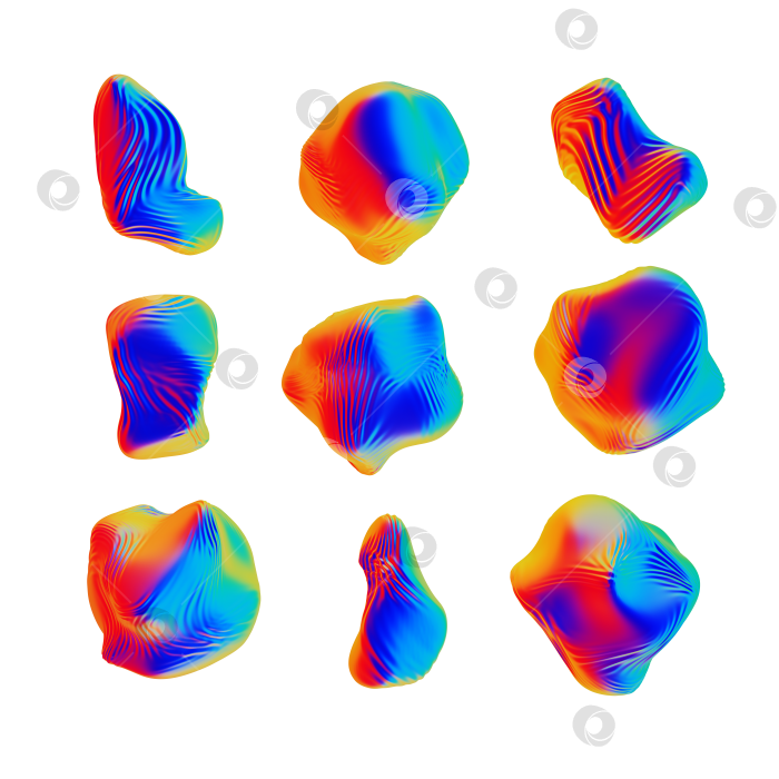 Скачать Абстрактные волнистые объекты. На прозрачном фоне. Png. Радужный. Яркая текстура ткани из ультрафиолетовой фольги, жидкая поверхность, рябь. 3d-рендеринг иллюстрации. фотосток Ozero