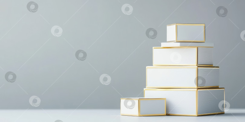 Скачать Элегантная стопка маленьких белых и золотых коробочек на минималистичном сером фоне для создания концепций подарков и декора фотосток Ozero