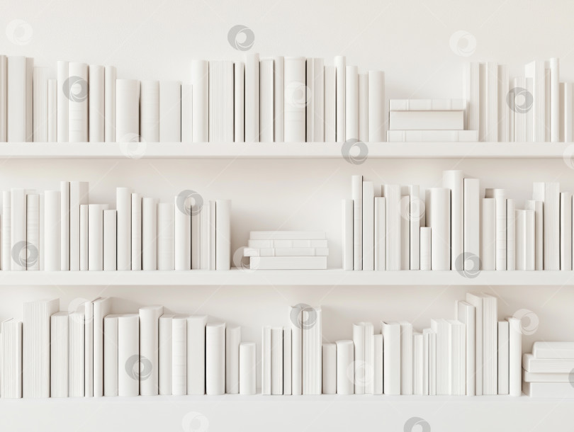 Скачать Минималистичные белые книжные полки с одинаковыми белыми книгами в современном дизайне интерьера фотосток Ozero