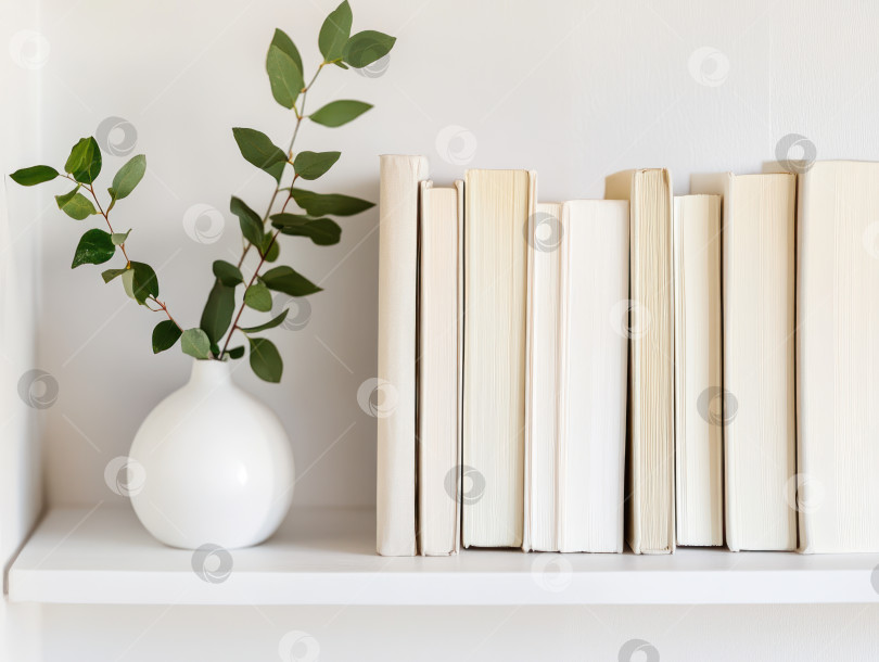 Скачать Минималистичная книжная полка с белыми книгами и зеленым растением в вазе фотосток Ozero