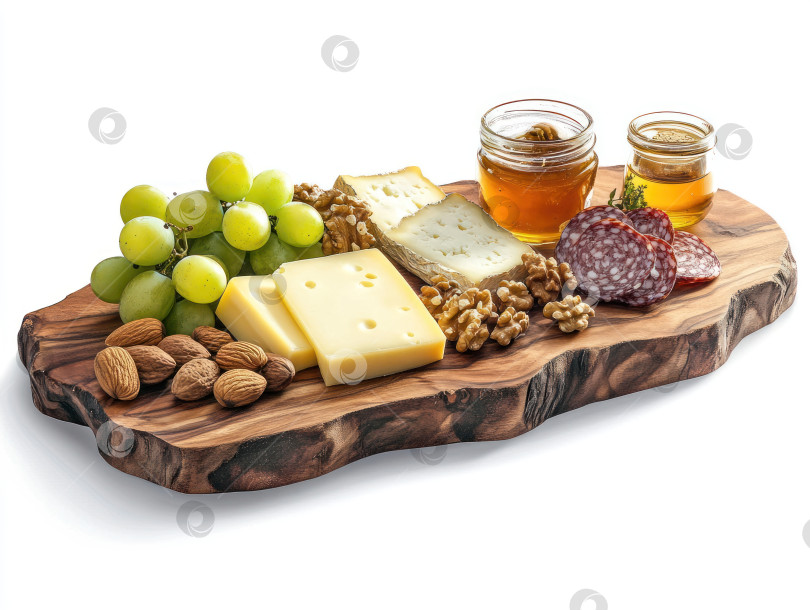 Скачать Изысканная сырная доска с разнообразными сырами, виноградом, орехами и медом для изысканного застолья фотосток Ozero