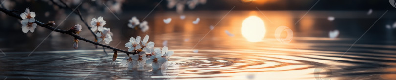 Скачать Очаровательная сакура расцветает над спокойной водой на закате фотосток Ozero