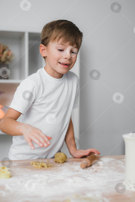 Скачать Домашняя кухня. Маленький мальчик занимается приготовлением печенья, улыбается, он счастлив. фотосток Ozero