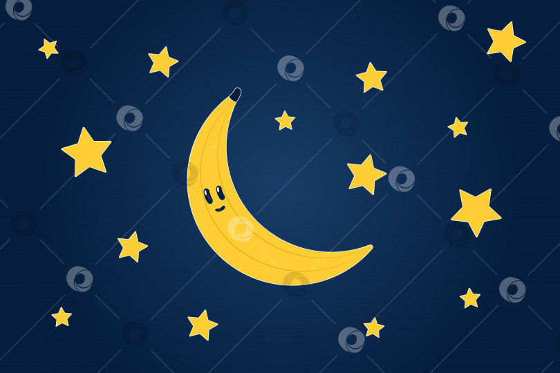 Скачать Иллюстрация звездного неба с бананом вместо месяца. Банан с милой мордашкой. Желтые звезды на темном фоне фотосток Ozero