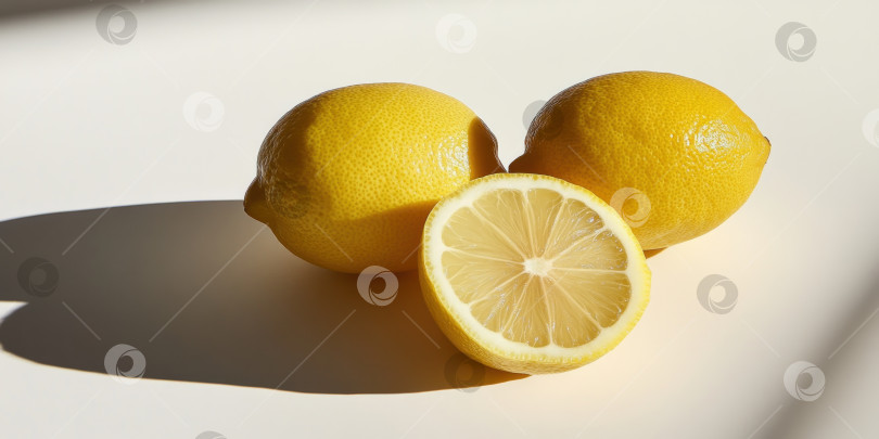 Скачать Композиция натюрморта из свежих лимонов с освещенными солнцем тенями для креативного дизайна фотосток Ozero
