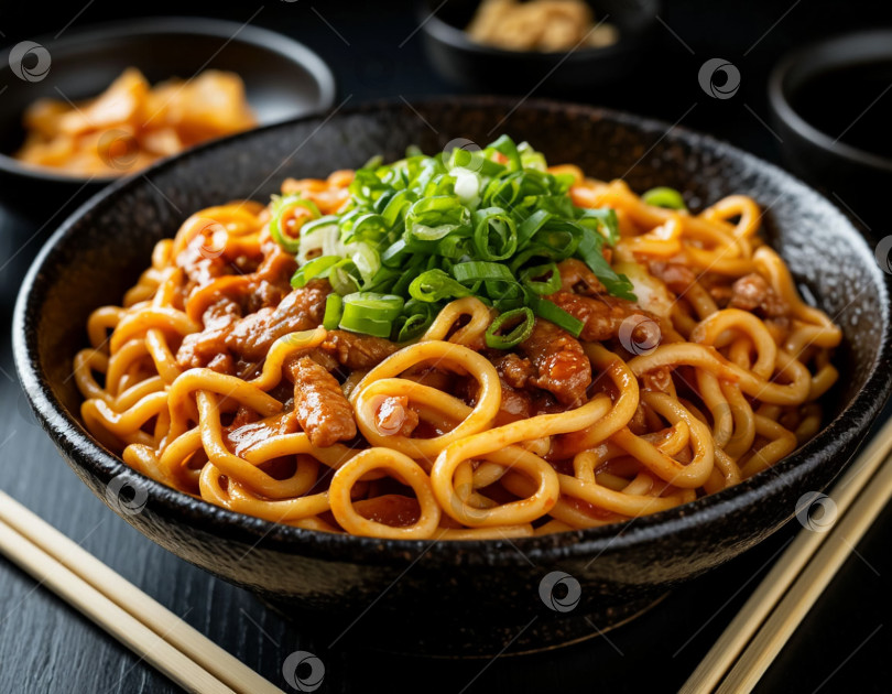 Скачать Японское блюдо - лапша якибоса с мясом, созданное искусственным интеллектом. фотосток Ozero