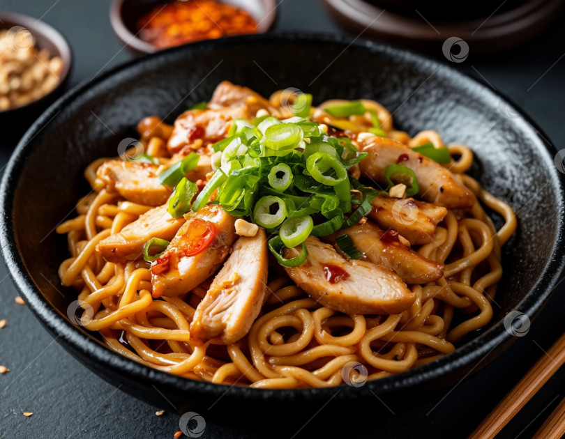Скачать Японское блюдо - лапша якибоса с мясом, созданное искусственным интеллектом. фотосток Ozero