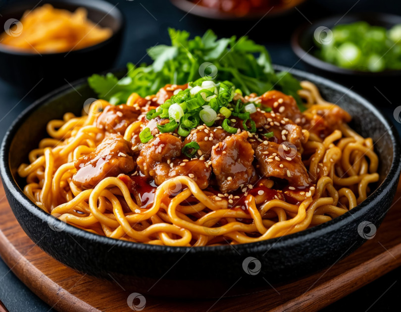 Скачать Японское блюдо - лапша якибоса с мясом, созданное искусственным интеллектом. фотосток Ozero